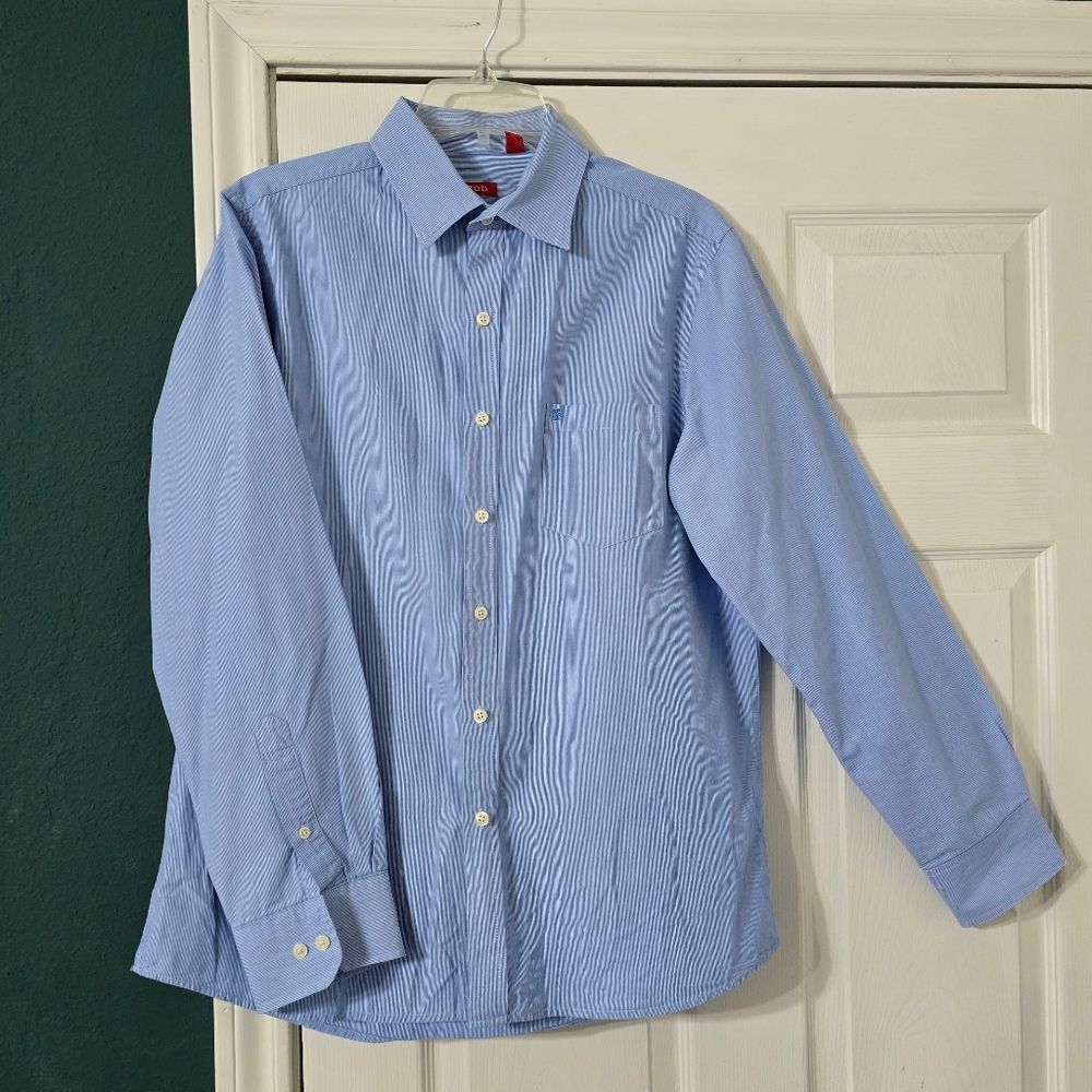 IZOD Button Up Dress Shirt L Slim Fit Blue White Striped Long Sleeve Cotton